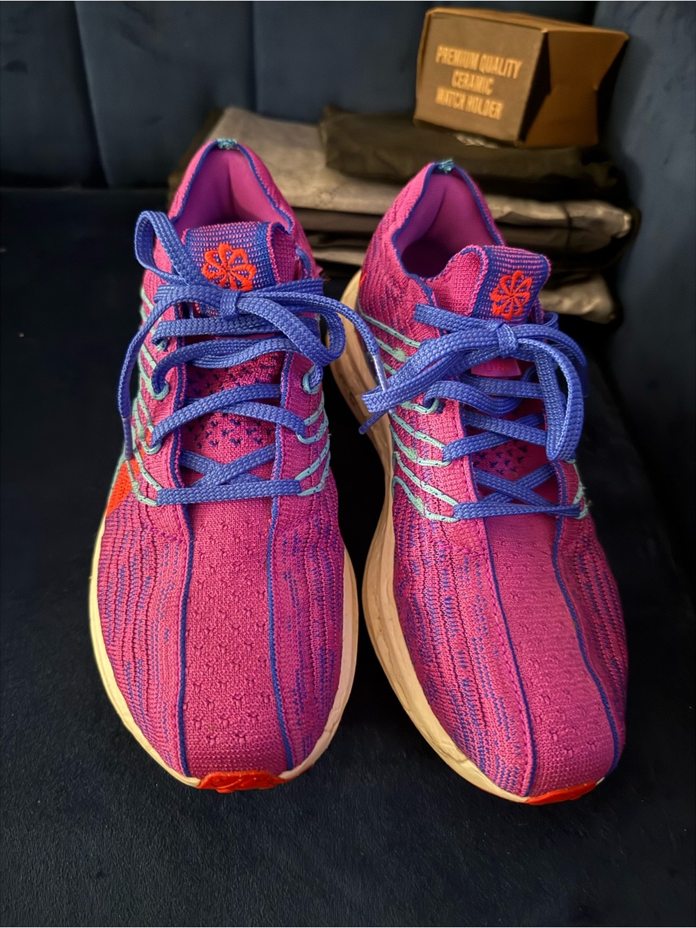 Nike Women's Pink Purple Athletic Running Shoes with Blue Laces